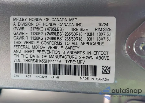 2025 Honda Cr-V Ex Awd из США, поврежденный, VIN 2HKRS4H45SH441449